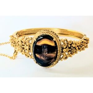 Vintage FLORENZA Gold Tone Tortoise Shell Glass Etched Cabachon Hinged Bracelet